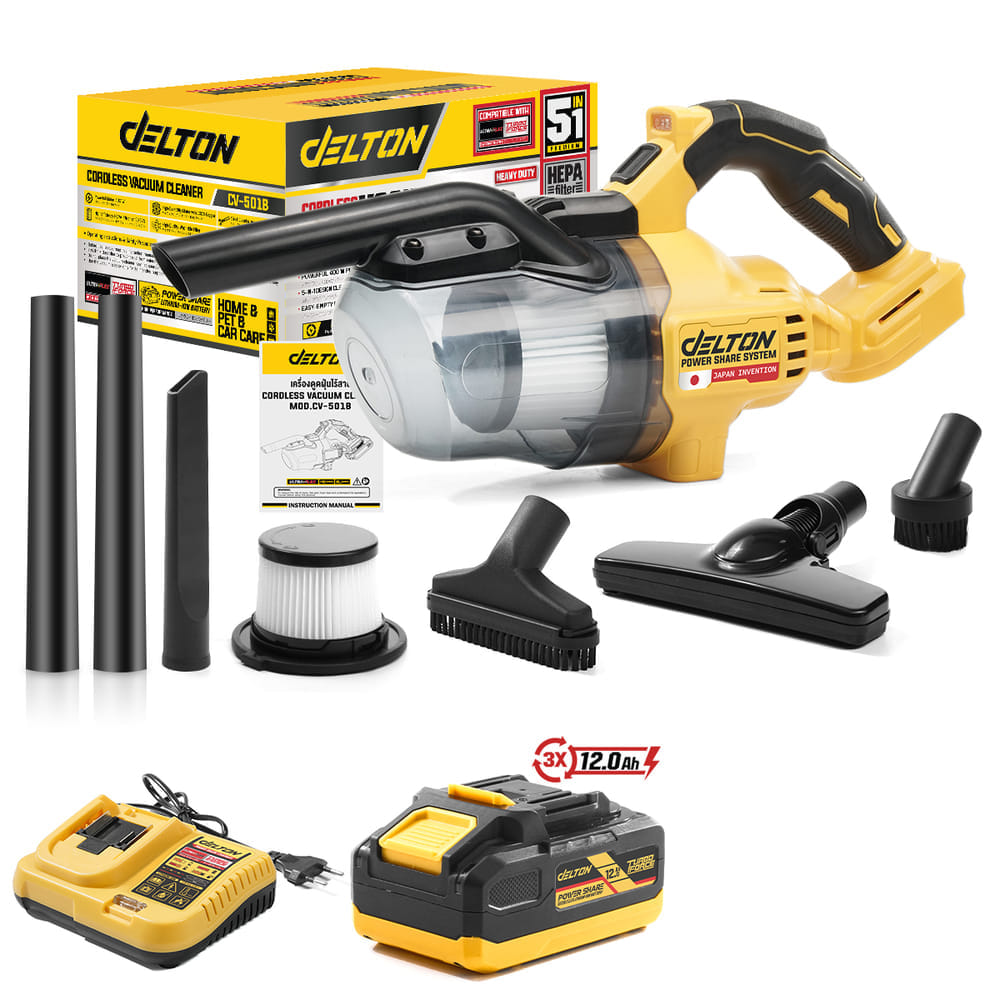 เครื่องดูดฝุ่นแบบมือจับไร้สาย (พร้อมแบตเตอรี่) DELTON รุ่น CV-501B TURBO FORCE 20V 12AH